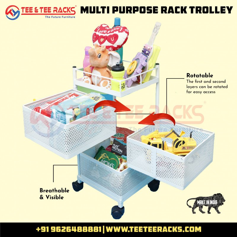 3 BASKET IVORY - TEE & TEE RACK®  Multi Purpose Rotating Rack Trolley with Wheels, Portable Storage Rack for kitchen, Bathroom & Living Room, Fruits & Vegetable Container Basket Organizer Holder Stand