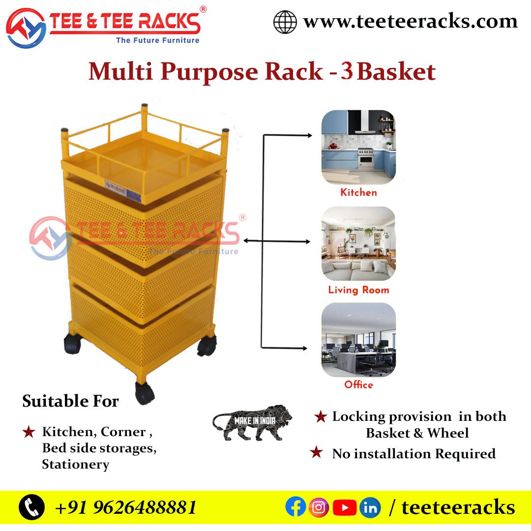 3 BASKET YELLOW - TEE & TEE RACK® Multi Purpose Rotating Rack Trolley with Wheels, Portable Storage Rack for kitchen, Bathroom & Living Room, Fruits & Vegetable Container Basket Organizer Holder S