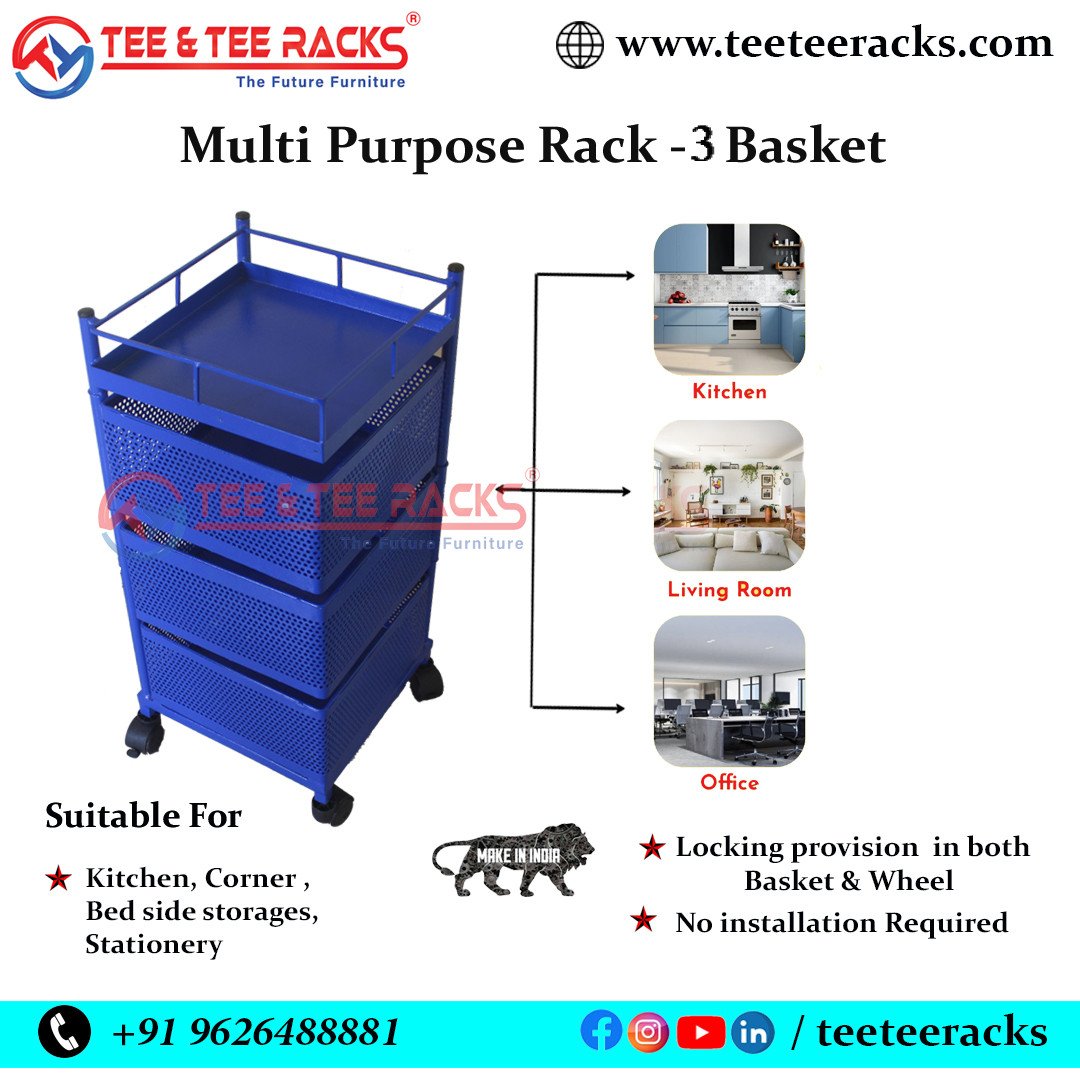 3 BASKET BLUE - TEE & TEE RACK® Multi Purpose Rotating Rack Trolley with Wheels, Portable Storage Rack for kitchen, Bathroom & Living Room, Fruits & Vegetable Container Basket Organizer Holder S