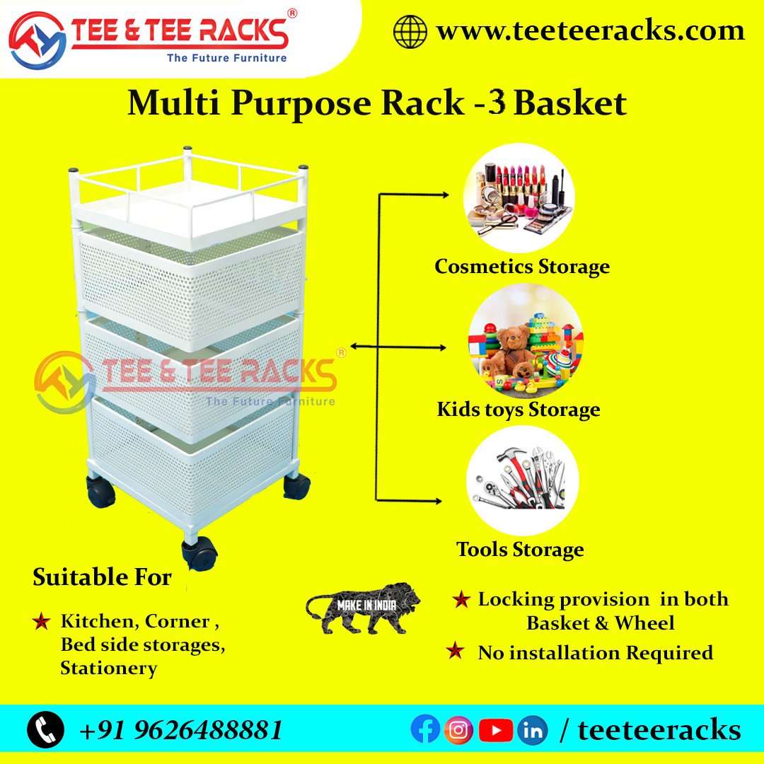 3 BASKET IVORY - TEE & TEE RACK® Multi Purpose Rotating Rack Trolley with Wheels, Portable Storage Rack for kitchen, Bathroom & Living Room, Fruits & Vegetable Container Basket Organizer Holder S