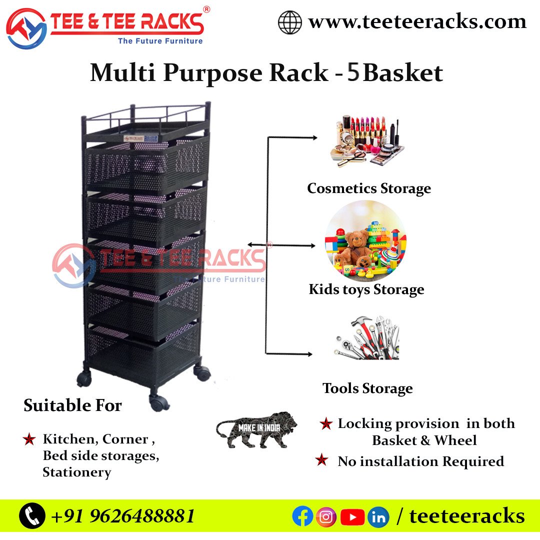 5 BASKET BLACK - TEE & TEE RACK® Multi Purpose Rotating Rack Trolley - 5 baskets with Wheels, Portable Storage Rack for kitchen, Bathroom & Living Room, Fruits & Vegetable Container Basket Organizer H