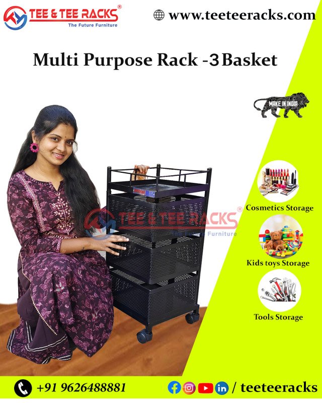 3 BASKET BLACK - TEE & TEE RACK® Multi Purpose Rotating Rack Trolley with Wheels, Portable Storage Rack for kitchen, Bathroom & Living Room, Fruits & Vegetable Container Basket Organizer Holder Stand 