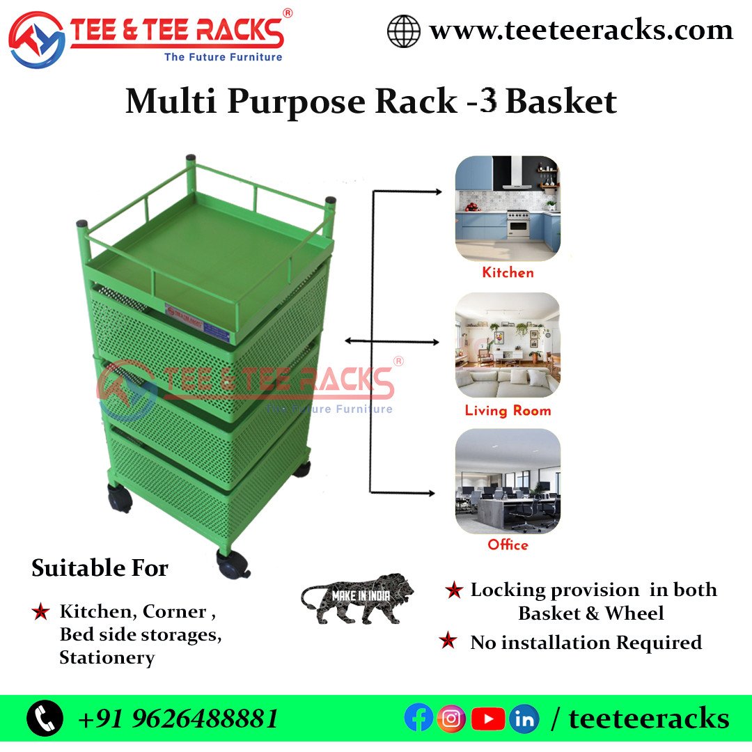 3 BASKET GREEN - TEE & TEE RACK® Multi Purpose Rotating Rack Trolley with Wheels, Portable Storage Rack for kitchen, Bathroom & Living Room, Fruits & Vegetable Container Basket Organizer Holder S